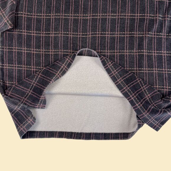 90s XL velour polo shirt, vintage black/purple plaid long sleeve by M.E. Sport - Picture 6 of 10